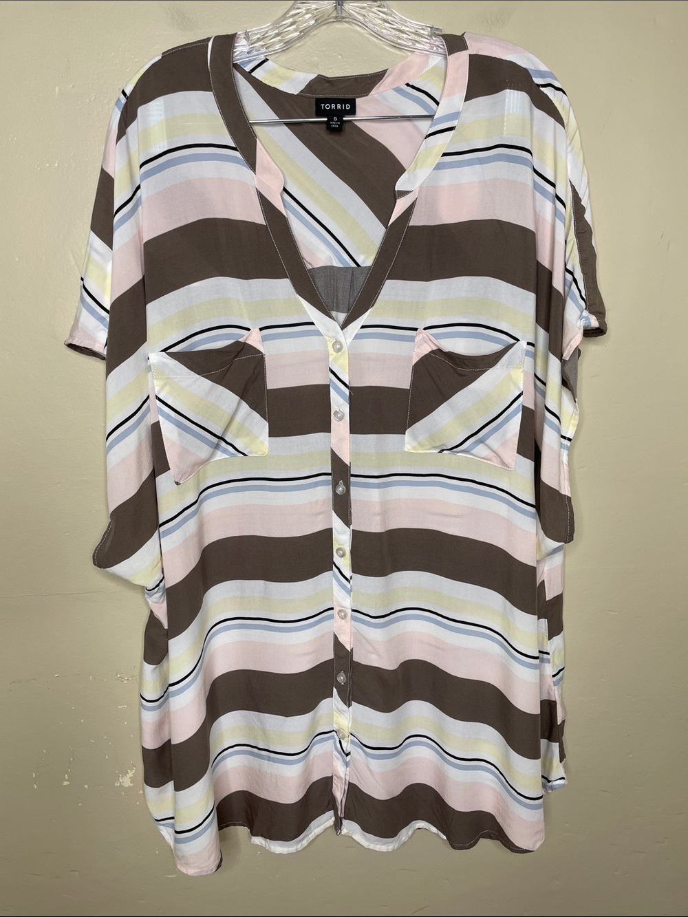 TORRID Pastel Horizontal Multi-Stripe CHALLIS Button Front Drop Shoulder Top 5X